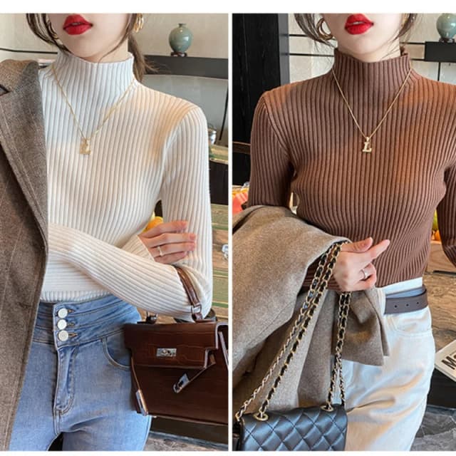 Nowe Eleganckie Damskie Gładkie Podstawowe Swetry Dzianinowe Damski Golf Sweter z Długim Rękawem Casualowy Dopasowany Pulower Modny Prosty i Stylowy Top