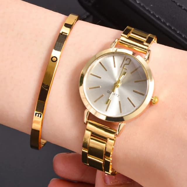 2 szt. Zestaw zegarków luksusowe kobiety prosta tarcza pusty pasek moda złota bransoletka zegarek kwarcowy Student zegarki damskie Reloj Mujer