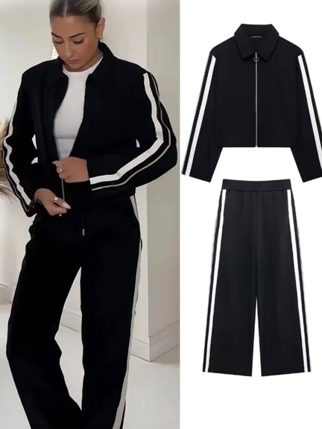 Nowe damskie czarne spodnie casualowe na rok 2024, sportowy krótki żakiet + damskie spodnie baggy w stylu vintage z czarno-białym patchworkiem, styl uliczny.