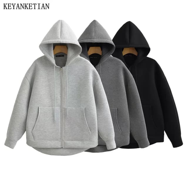 KEYANKETIAN zimowa nowa damska bluza z kapturem na zamek główna ulica styl unisex podwójne kieszenie Oversize luźne bluzy odzież wierzchnia Top