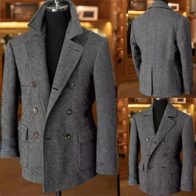 Męskie marynarki w stylu vintage z wełny mieszanej, wzór jodełka, dwurzędowa, elegancka, casualowa, jesienno-zimowa, do garnituru.