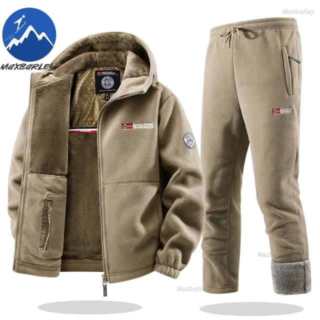 Zimowy zestaw sportowy Maxbarley męski retro, gruba kurtka polarowa + spodnie, dwuczęściowy zestaw, casualowy dres narciarski do biegania.