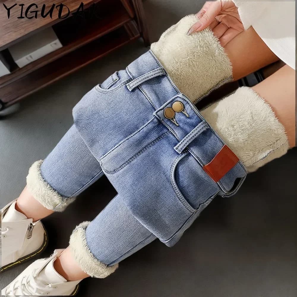 Zimowe grube aksamitne jeansy damskie z wysoką talią Skinny Jeans spodnie damskie Polar Ciepłe Slim Fit Stretch Ladies Denim Pencil Pants women