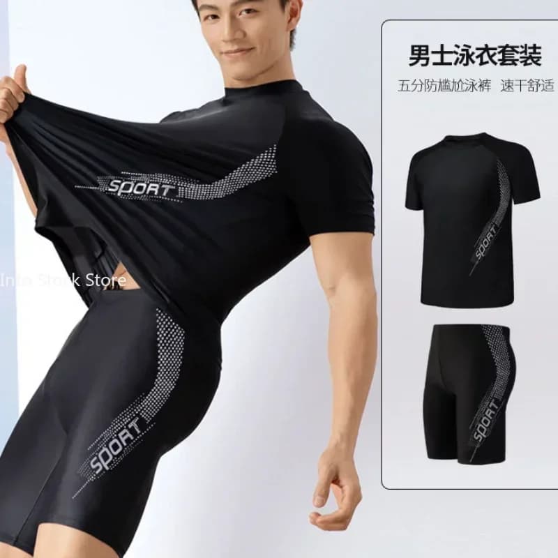 Męski strój kąpielowy O-Neck z krótkim rękawem i średnim stanem Strój kąpielowy z nadrukiem Slim Fit T-shirt Pływanie Ciężarówki Zestaw kostiumy kąpielowe