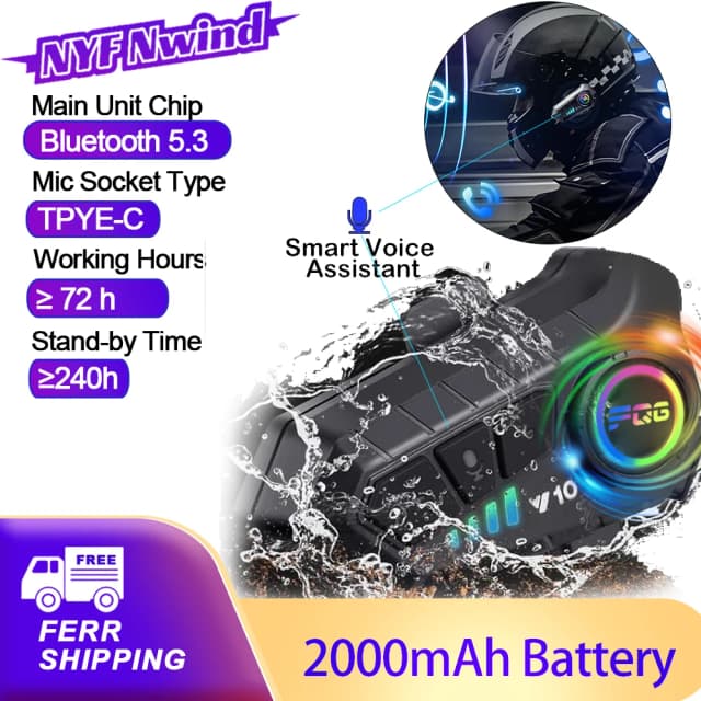 Y10 Zestaw słuchawkowy do kasku motocyklowego Stereofoniczne sterowanie głosem Bluetooth Zestaw głośnomówiący IPX7 Wodoodporny 2000 mAh z oświetleniem otoczenia