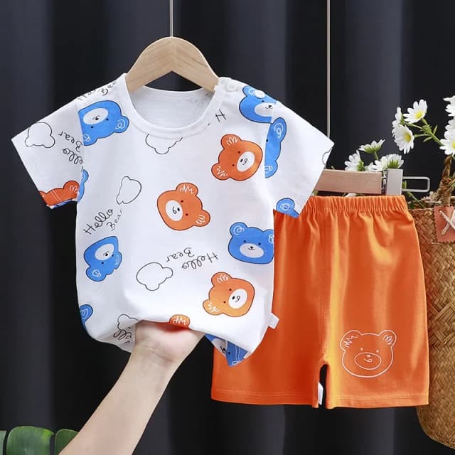 Dziecięce komplety domowe z nadrukiem kreskówkowym, czysta bawełna, 2-częściowe zestawy, modny, uroczy, casualowy dres, kontrastowy T-shirt + szorty