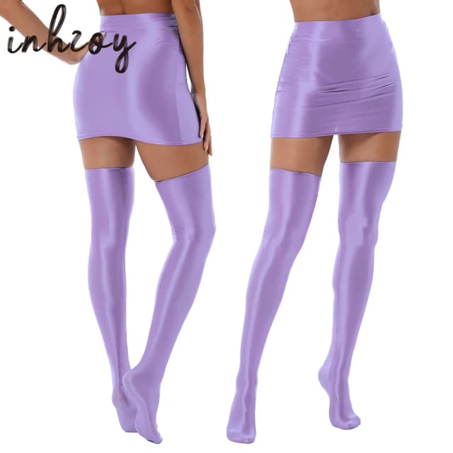 Damski błyszczący strój do klubu nocnego Błyszcząca mini spódniczka z wysokim stanem i pończochami Zestaw Rave Party Cheer Booty Workout Pole Dance Clubwear