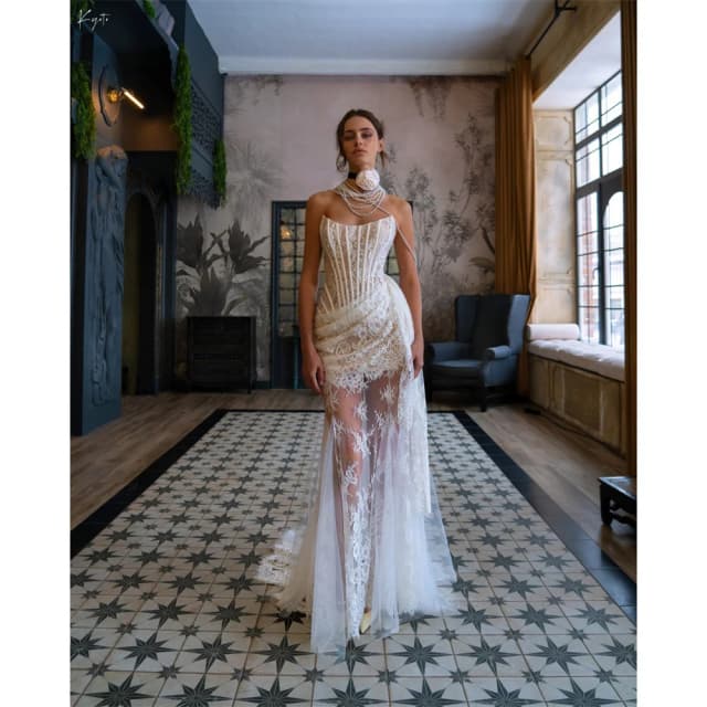 Kyoto dostosowana wspaniała koronkowa suknia ślubna z aplikacjami Off Shoulder vestidos de novia odpinany tren i rękawy formalne