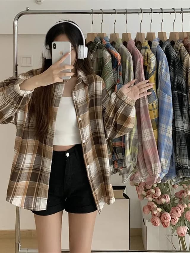 Koszula w kratę damska jesienna koszulka z długim rękawem damska moda w stylu Vintage bluzka z pojedynczymi piersiami damska styl Preppy luźne koszule w kratkę