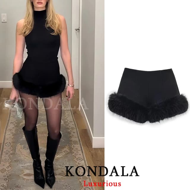 KONDALA Seksowne, eleganckie czarne szorty z futrzanymi wstawkami, moda damska 2026, na imprezę, wieczór, do klubu, szerokie nogawki, eleganckie, styl Y2K, dla dziewczyny, na Nowy Rok