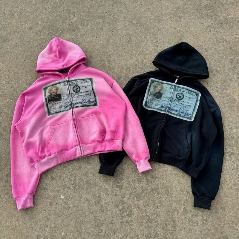 Amerykańska bluza z kapturem z nadrukiem hip-hopowym dla mężczyzn Y2k Goth Harajuku Street bluza z kapturem na zamek moda para bluza oversize