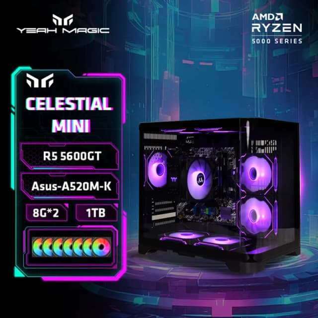 YEAH MAGIC Gaming Desktop AMD Ryzen 5 5600GT 3.9GHz 16GB(8G*2) DDR4 3200 1T NVME SSD ARGB 7 Wentylatory Win 11 Home Gamer Desktop WIFI6