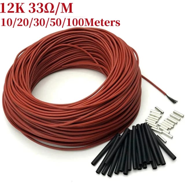 Kabel grzejny podłogowy 12K, 10 do 100 metrów, 33 omów/m, folia grzejna podłogowa na podczerwień, drut grzejny z włókna węglowego 220V, cewka.
