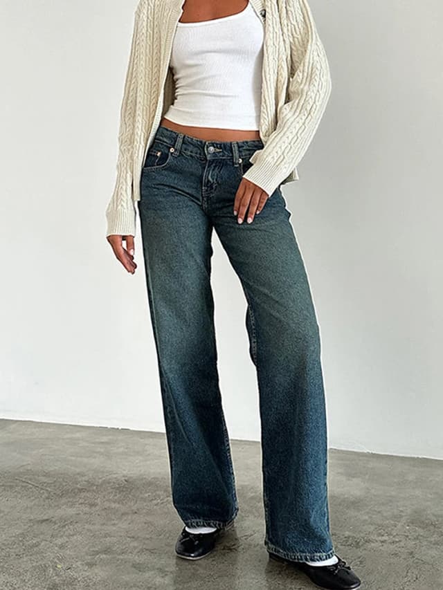 Kobiety Vintage Aesthetic Y2k Low Rise Baggy Jeans Loose Fit Boyfriend Straight Wide Leg Jeans Trendy Stretch Long Denim Pants