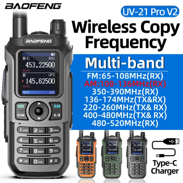Baofeng UV-21 Pro V2 Walkie Talkie Wielozakresowe bezprzewodowe radio dwukierunkowe typu C o dużym zasięgu do kempingu