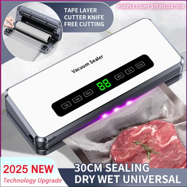 Sellador de vacío de alimentos eléctrico, sellador de alimentos secos y húmedos, cortador incorporado, bolsa de rollo, sellador de almacenamiento de alimentos de cocina, envasado al vacío envasadora al vacío