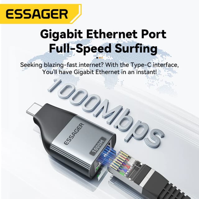 Essager Adapter typu C na Ethernet 100/1000 mb/s Gigabitowy szybki adapter RJ45 na typ c do MacBooka Laptop przewodowa karta sieciowa