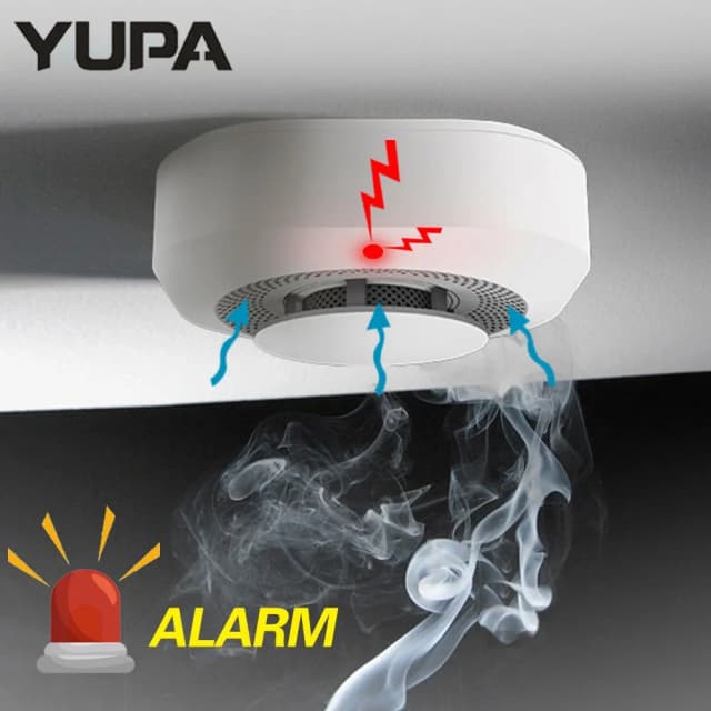 YUPA Niezależny czujnik dymu System alarmu przeciwpożarowego dla bezpieczeństwa w domu i biurze Alarm dymowy Ochrona przeciwpożarowa Zasilany z baterii