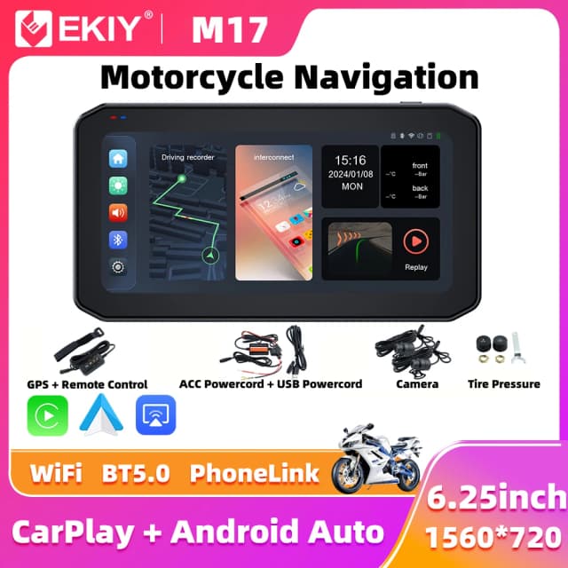 EKIY 6.25" Bezprzewodowy CarPlay Moto Android Auto Przenośny Cyfrowy Motocyklowy Deskorowerowy Ekran Nawigacji GPS Monitor TPMS