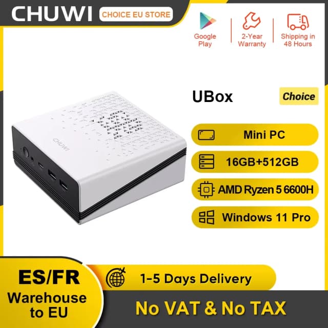 CHUWI UBox Mini PC AMD Ryzen 5 6600H 16 GB DDR5 512 GB SSD Windows 11 Pro 4K 144 Hz Decording WiFi 6 BT 5.2 Rozszerz M.2 1T*2 650 g 128*130,5*57 (H) mm