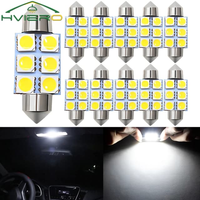 10 SZTUK 5050 6Led DC 12v Biała dioda LED 31mm 36mm 39mm 41mm C5w C10w Wewnętrzna girlanda żarówkowa do bagażu Żarówka do czytania drzwi Oświetlenie do czytania