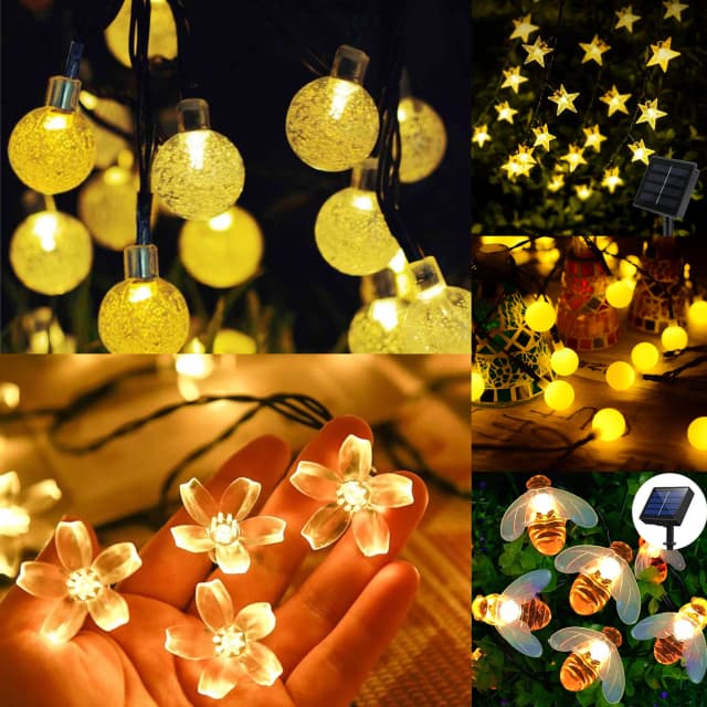 Girlandy żarówkowe na energię słoneczną wodoodporna zewnętrzna lampka LED festiwal ogrodowy dekoracyjne światła piłka Bee Cherry gwiazdka lekki słoneczny sznurek gwiazdka lekki