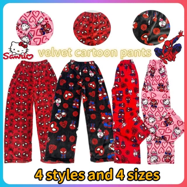 Animowana kreskówka zimowa Spider-Man Hello Kitty koralowa aksamitna luźna piżama spodnie męskie i damskie kreskówki odzież na co dzień