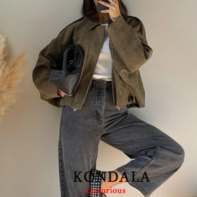 Kurtki bomberki damskie KONDALA Casual Soft Martini Green z długimi rękawami typu lampion, oversize, jesienno-zimowe płaszcze, moda 2025, odzież wierzchnia