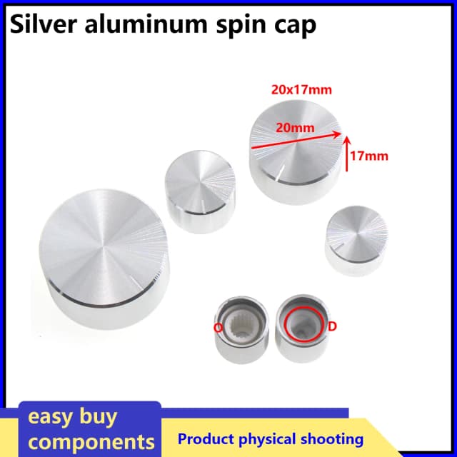 2 SZT. 1 szt. SREBRNY Gałka Potencjometru ze Stopu Aluminium, Pokrętło Kontroli Głośności Audio do Wałka Ryflowanego 6mm, PEŁNY O D