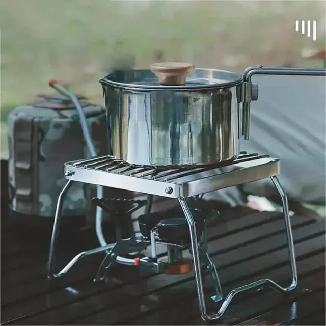 Zewnętrzny stojak na piecyk ze stali nierdzewnej, kempingowy, przenośny, składany mini grill, zestaw z uchwytem na garnki i tacką do pieczenia.