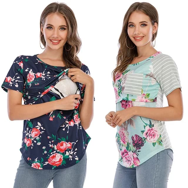 Nowe dorywczo damskie ubrania ciążowe w ciąży topy do karmienia piersią T-Shirt ciążowy w paski koszula z krótkim rękawem