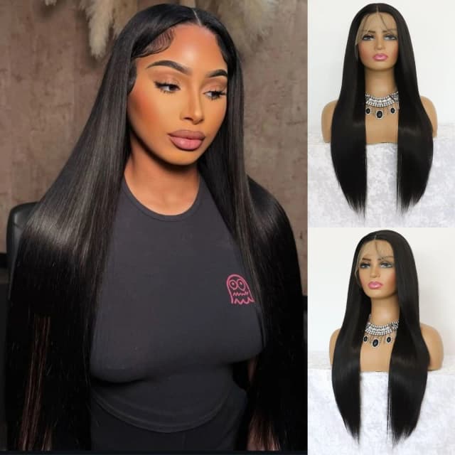 Czarna Prosta Peruka Syntetyczna typu Lace Front Naturalna Czerń 13×4 Peruka typu Lace Front z Włókna Syntetycznego Odpornego na Ciepło (60 cm)