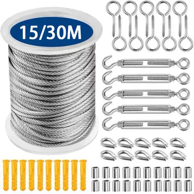 15/30m Zestawy lin stalowych o dużej wytrzymałości Drut ogrodowy Kabel balkonowy Balustrada Farm Fence Namiot Rolka 304 Powlekane PVC