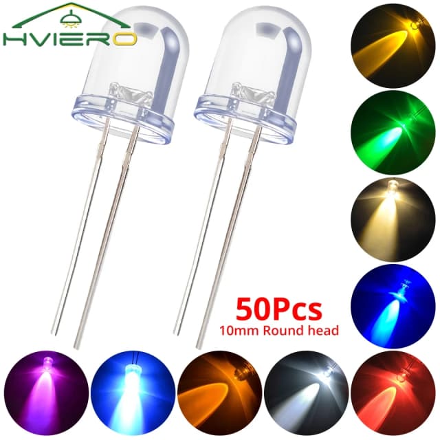 50Pcs 10mm Round Top Super Bright Lamp Beads Clear Emitting Diode LED White Red Green Blue Yellow UV Pink Orange Dome Light Bulb