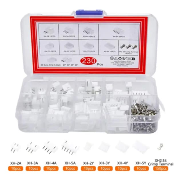Zestaw 230 szt. złączek przewodowych JST PH 2.0mm XH 2.54mm 2/3/4/5 Pin męskie i żeńskie, złącza zaciskane, obudowy plastikowe, listwy zaciskowe.