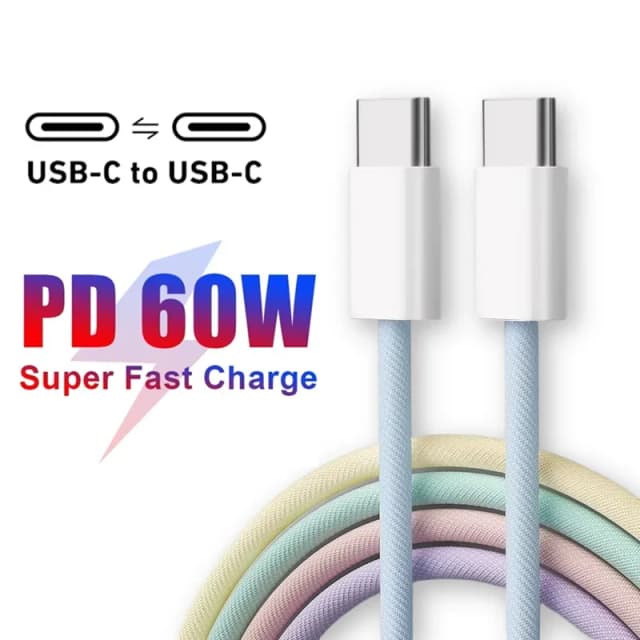 Kabel USB-C do USB-C 60W PD do szybkiego ładowania iPhone 15 16 Pro, kolorowy kabel do transmisji danych Huawei Xiaomi Samsung