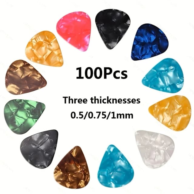 Miwayer kostka do gitary 100 szt. mieszane kolorowe kostki do gitary różne perły różnorodność próbnik pakiet celuloid 0,46 mm 0,71 mm 0,96 mm