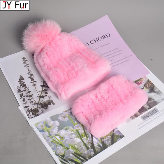 Winter Women Warm Natural Rex Rabbit Fur Muffle Cap Real Fur Scarves Hats Good Elastic Ladies Real Rex Rabbit Fur Scarf Hat Set